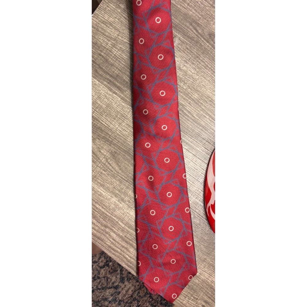 100% Silk Red Geometric Circle Pattern Necktie Made in USA Italian Fabric